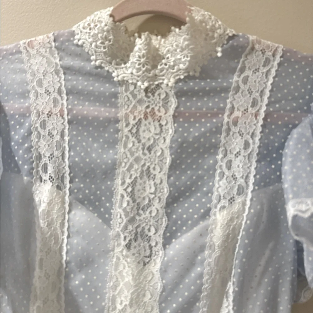 Rare Vintage Gunne Sax Dotted Baby Blue Floral Lace Victorian Prairie Dress 11 - Picture 2 of 5